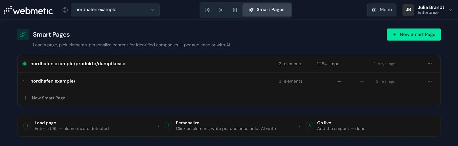 The list of Smart Pages with one live page and one draft