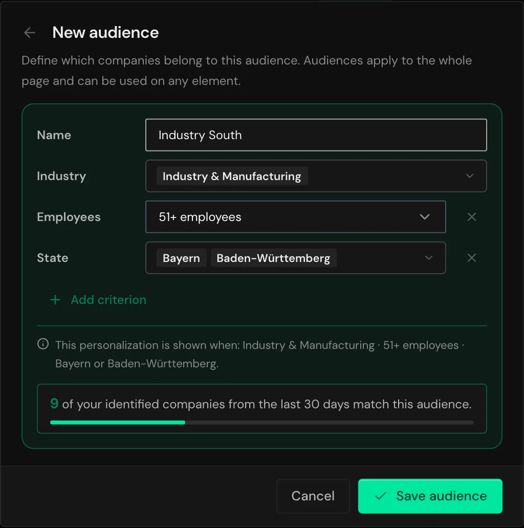The New audience dialog with an industry, two criteria, and the number of matching companies