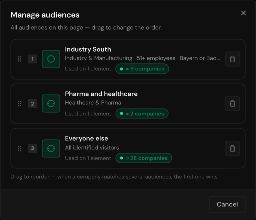 The Manage audiences dialog with three audiences, the last one without criteria