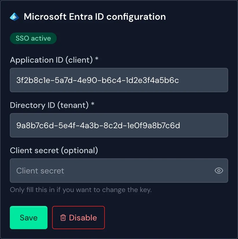 The SSO settings window with a saved configuration and the status SSO active