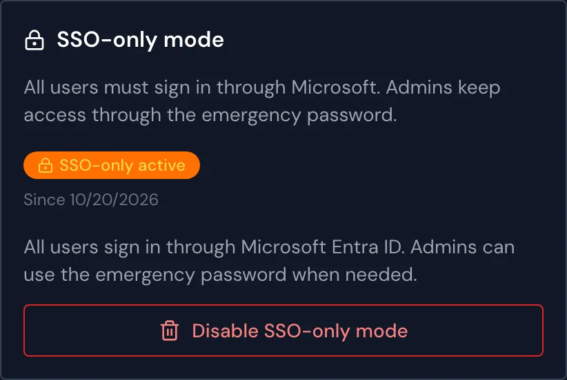 The SSO-only mode section switched on
