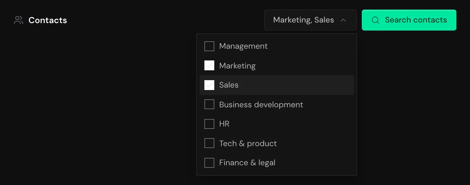 The department picker in the Contacts section with Marketing and Sales selected