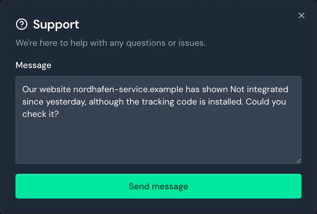 The Support window with a question in the Message field
