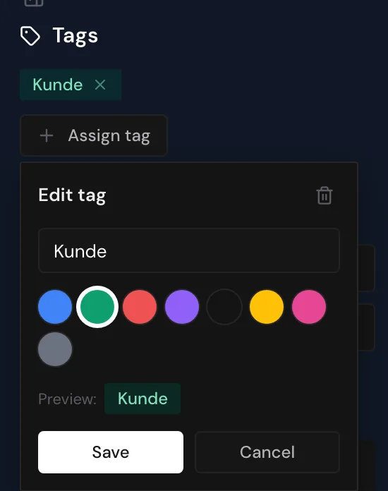 The Edit tag form with the trash icon for deleting