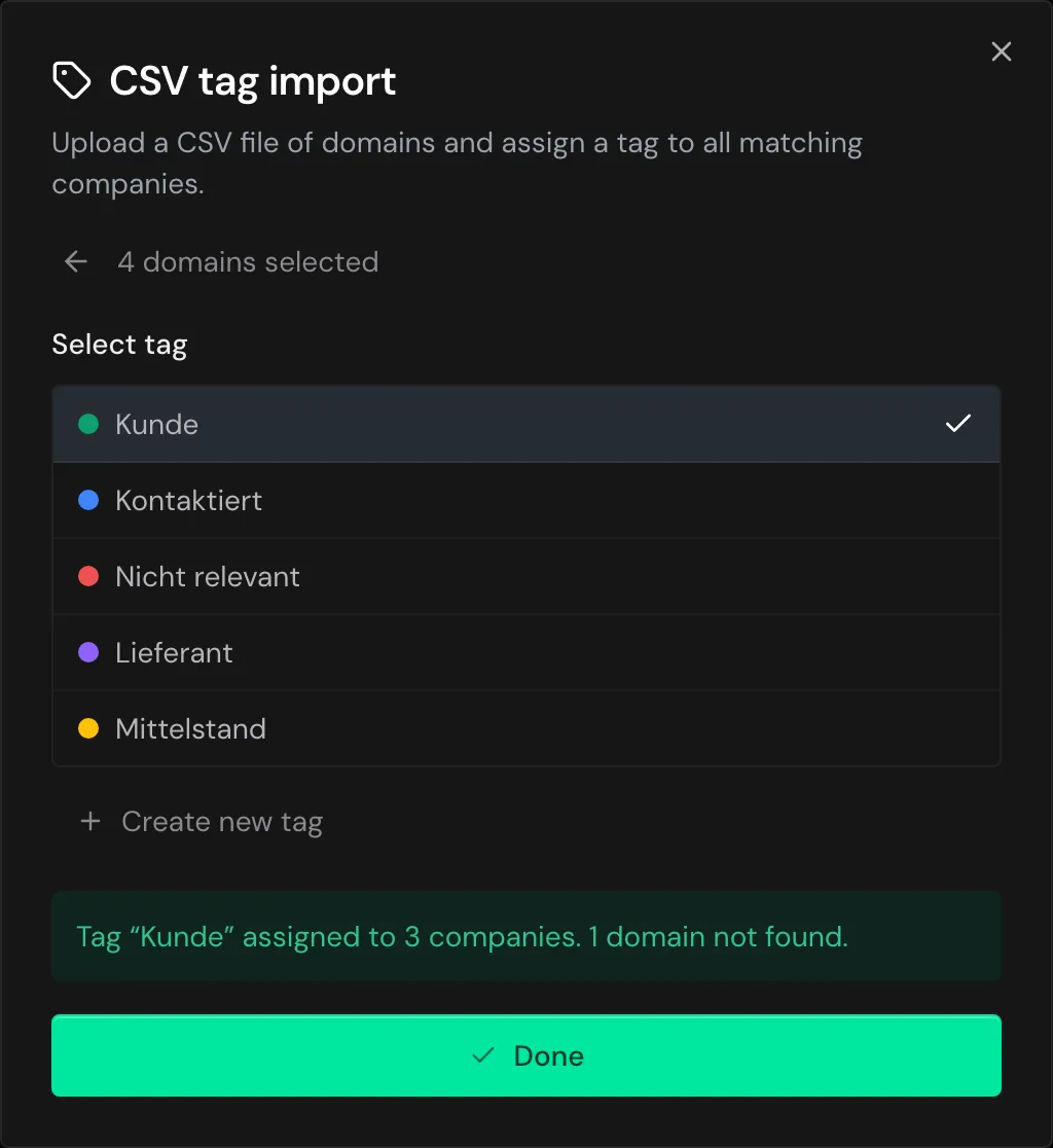 The result of the CSV tag import with one domain not found
