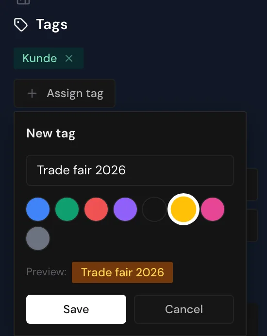 The New tag form with name, color choice, and preview
