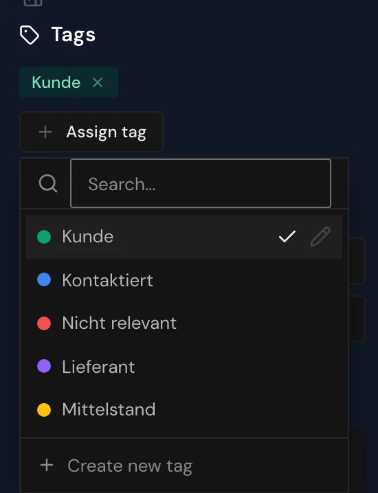 The tag picker in the profile of Fermtec Pharma with the tag Kunde