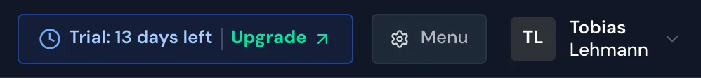 The top bar with the badge Trial: 13 days left and Upgrade