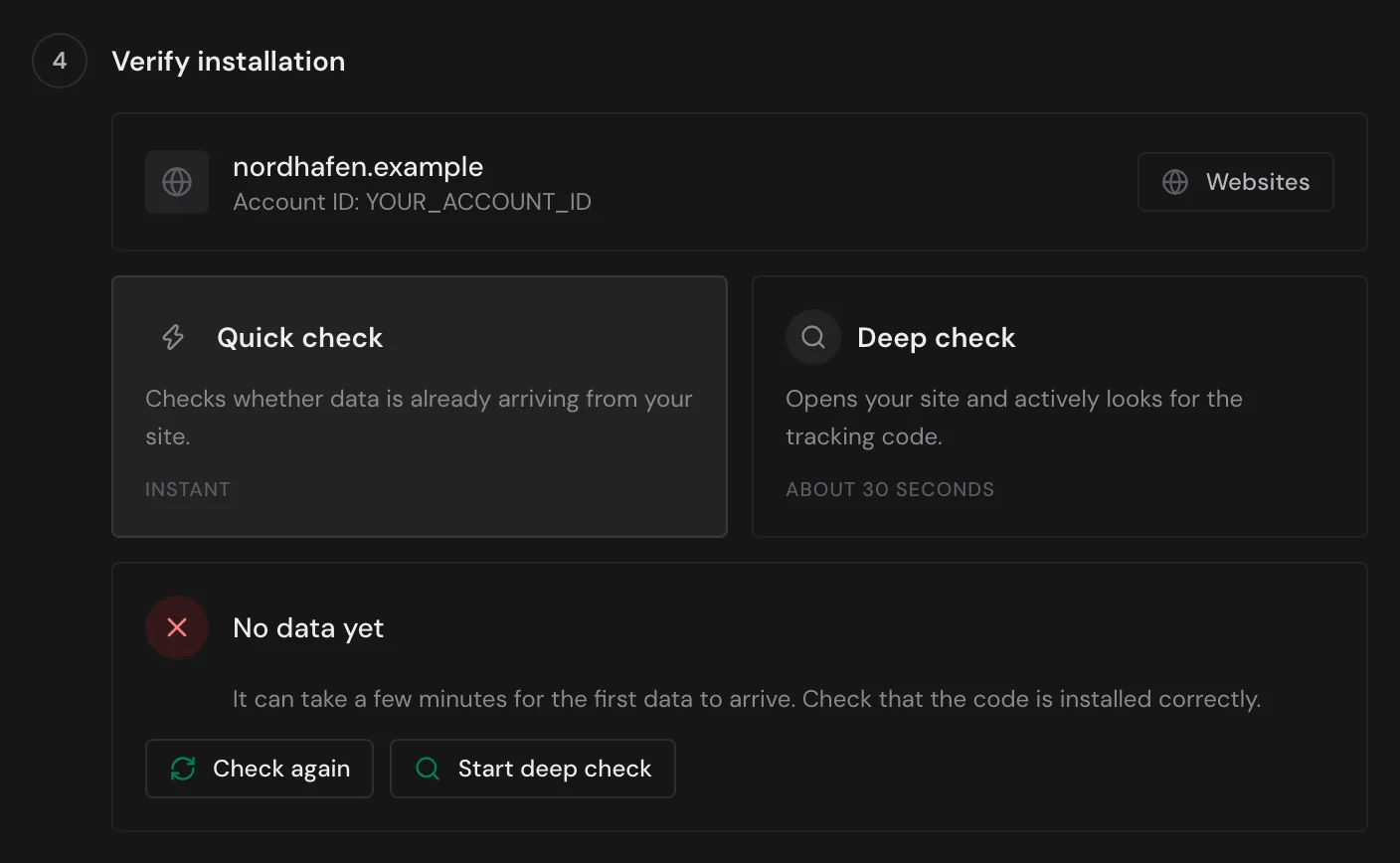 The quick check with the result No data yet