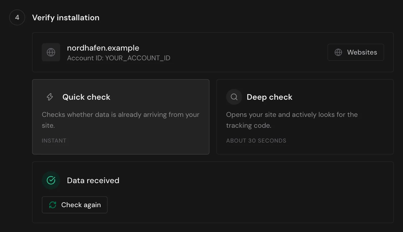 The quick check with the result Data received