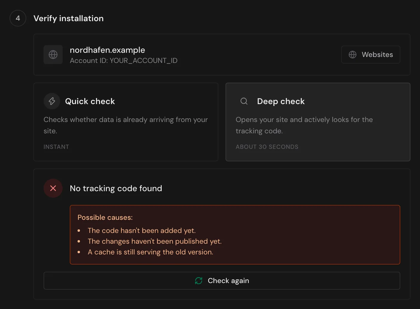 The deep check with the result No tracking code found