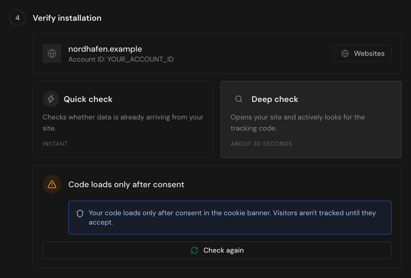 The deep check with the result Code loads only after consent