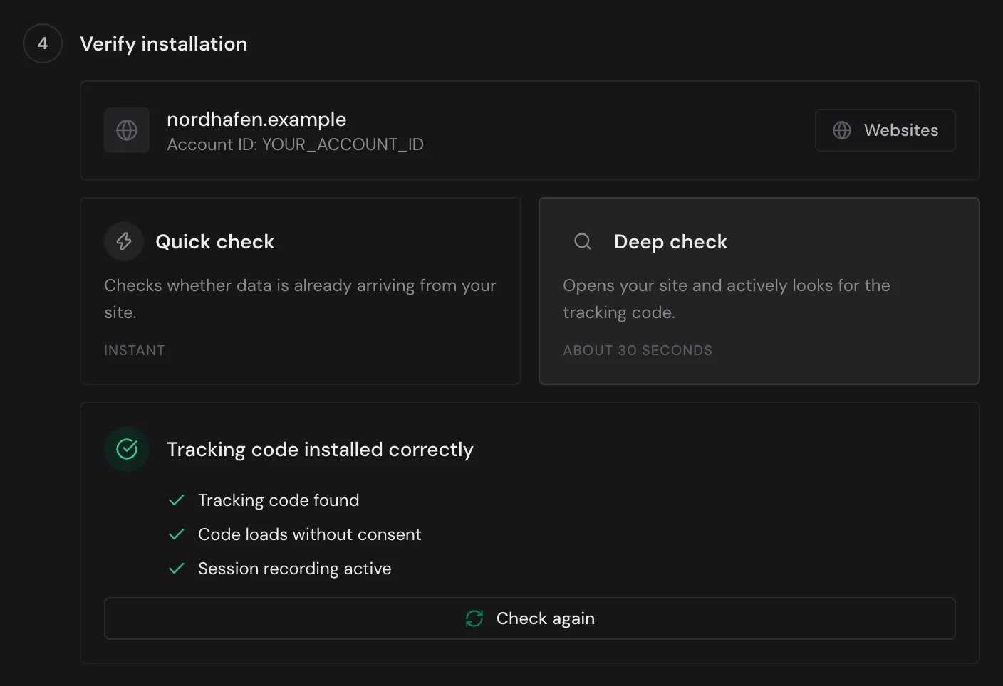 The deep check with the result Tracking code installed correctly