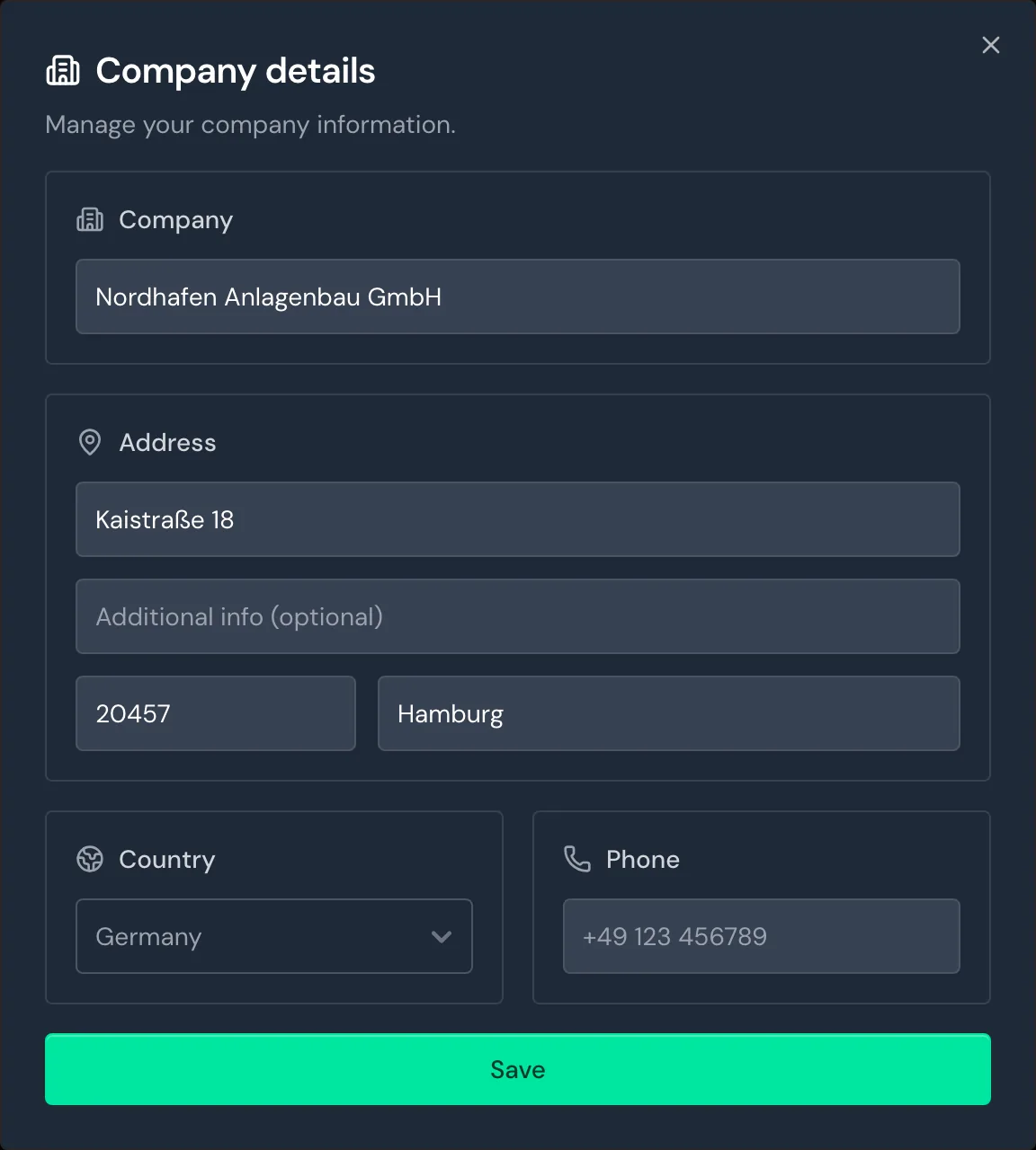 The Company details window with the name, address, and country of Nordhafen Anlagenbau