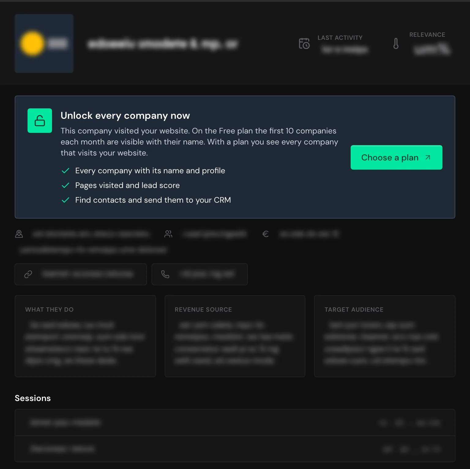 A hidden company on the Free plan with the notice Unlock every company now