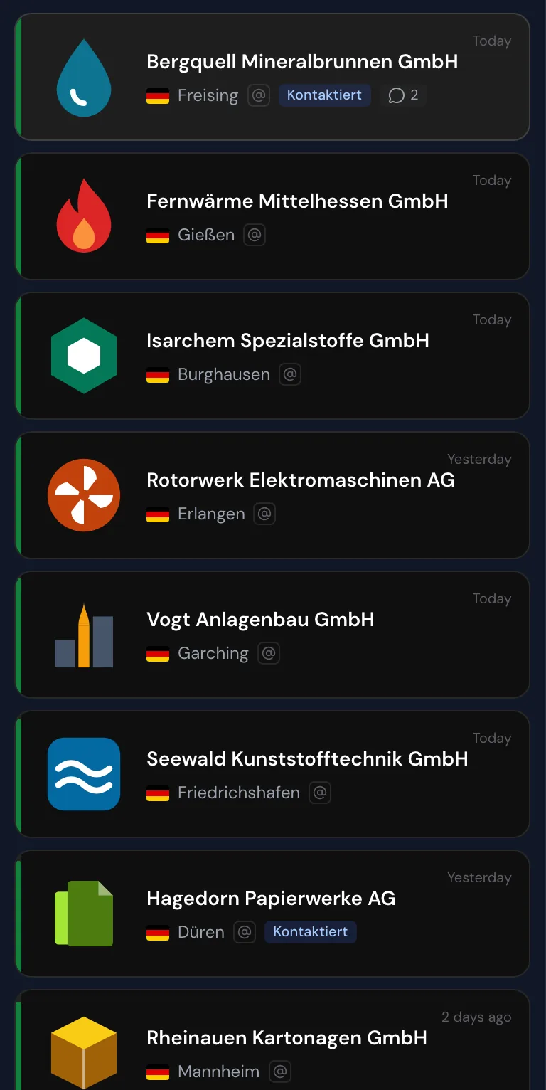 Company cards with logo, tags, comment count, date, and relevance bar