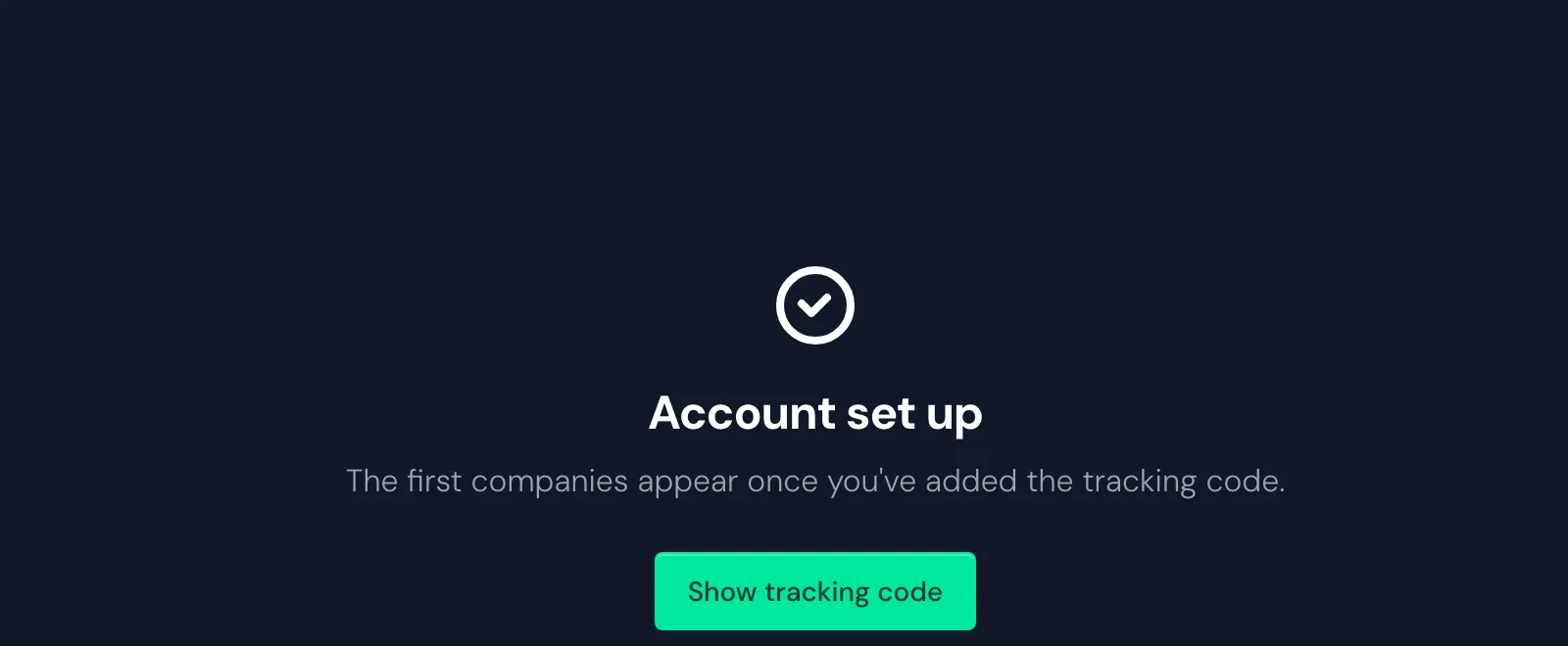 The empty company list with the Show tracking code button