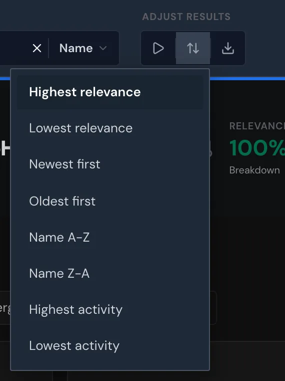 The sort menu with eight sort orders and Highest relevance as the default