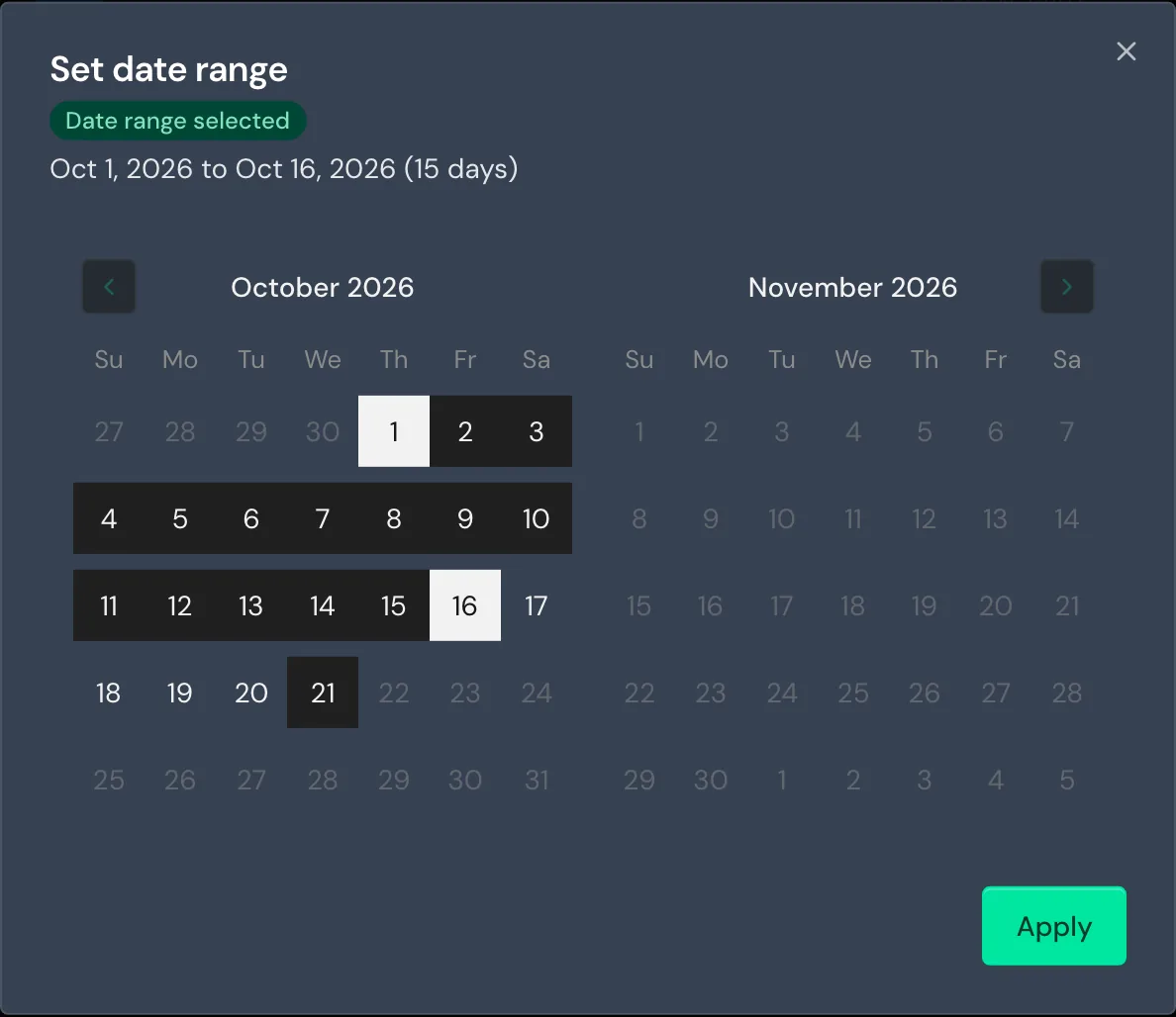 The Set date range window with a selected range