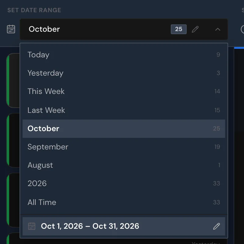 The date range menu with the number of companies per range