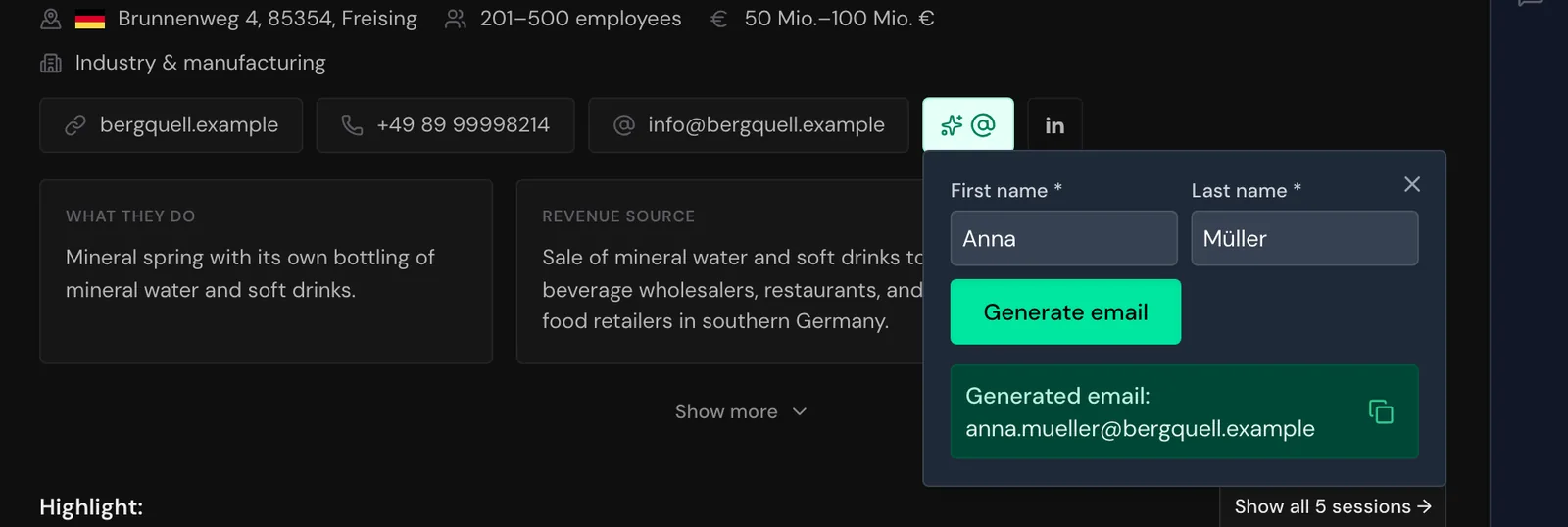 The email generator with first name, last name, and the generated address