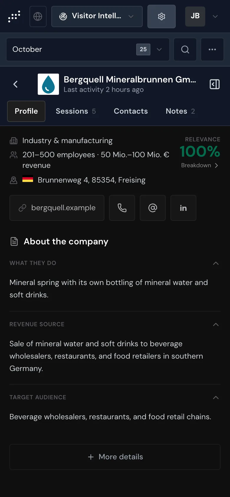 The profile on a smartphone with the tabs Profile, Sessions, Contacts, and Notes