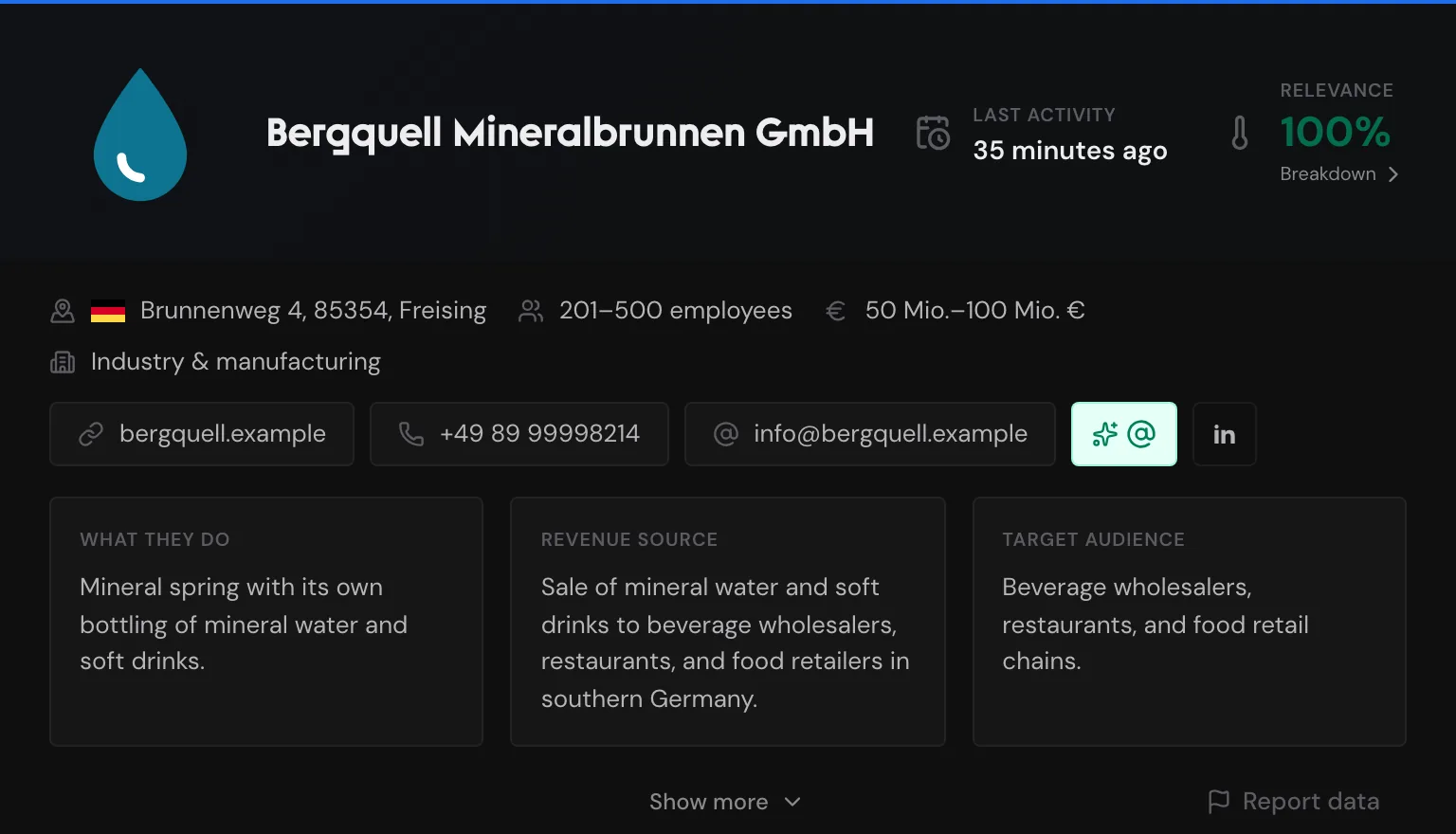 The profile of Bergquell Mineralbrunnen with header, company details, contact options, and the three descriptions