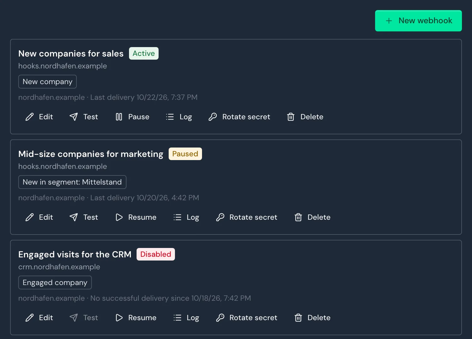 The Webhooks window with one active, one paused, and one disabled webhook