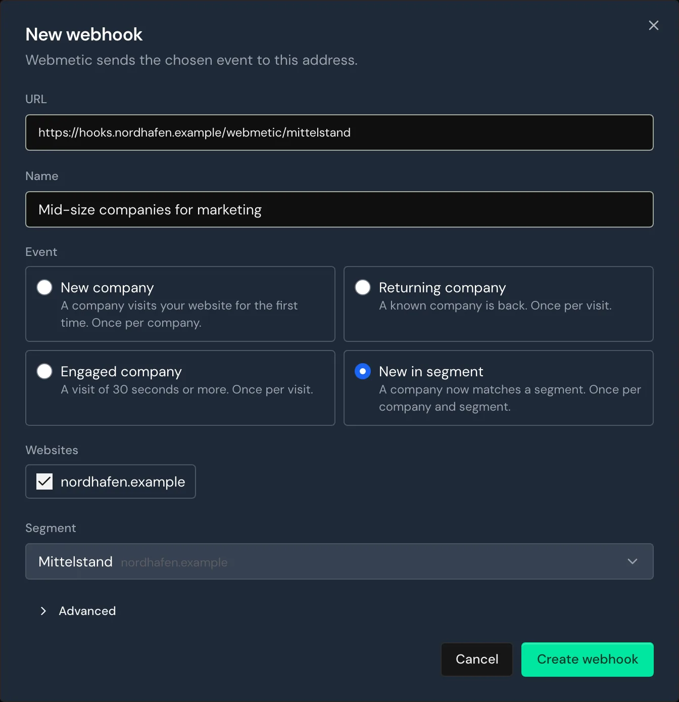 The New webhook window with URL, the event New in segment, and a chosen segment