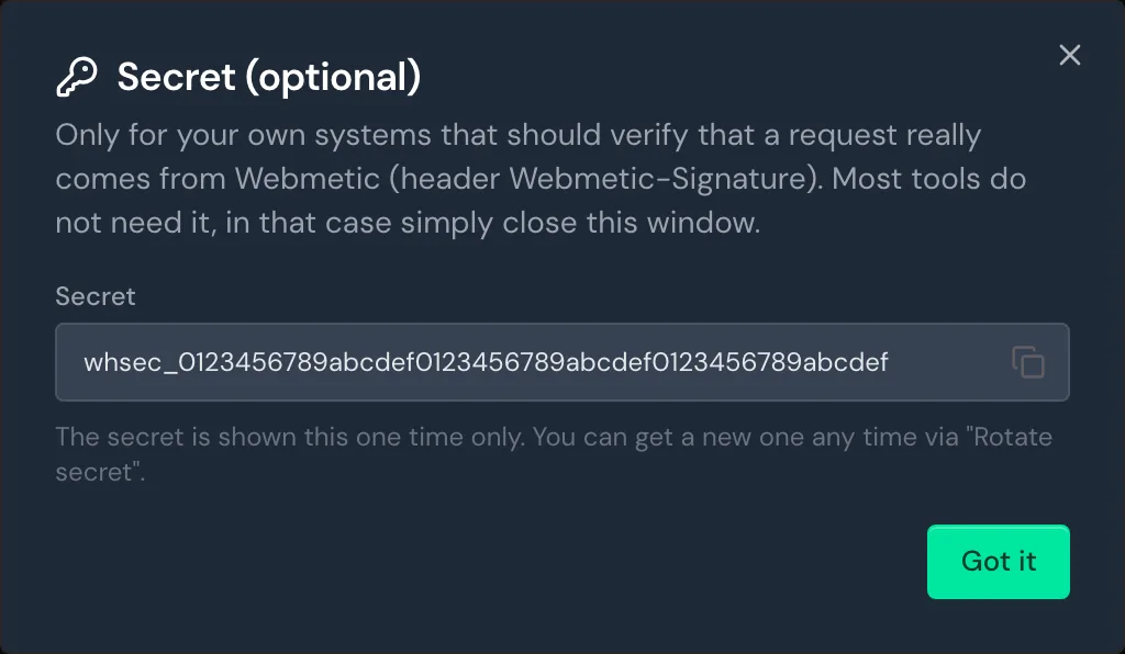 The secret of the new webhook with the Got it button