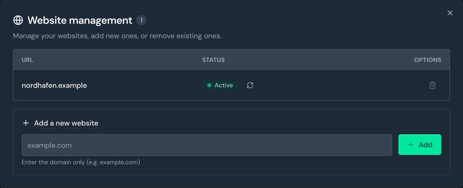 Website management with the status Active
