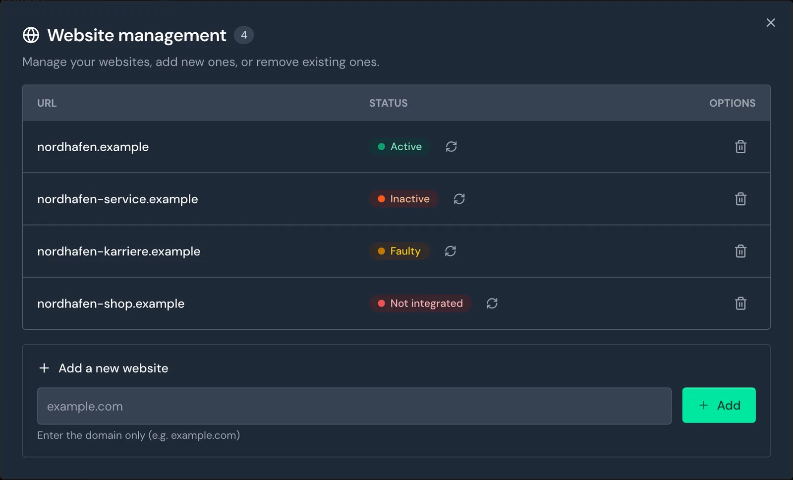 Website management with the statuses Active, Inactive, Faulty, and Not integrated