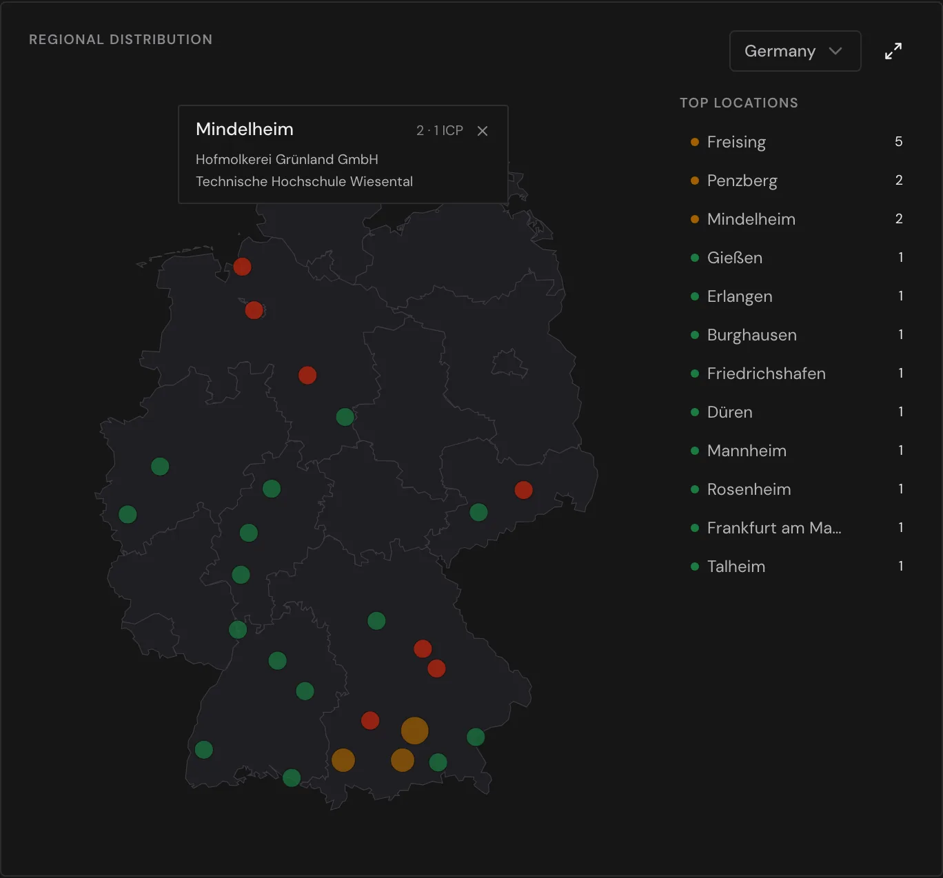 Regional distribution in the Germany view with a pinned location and the Top locations list