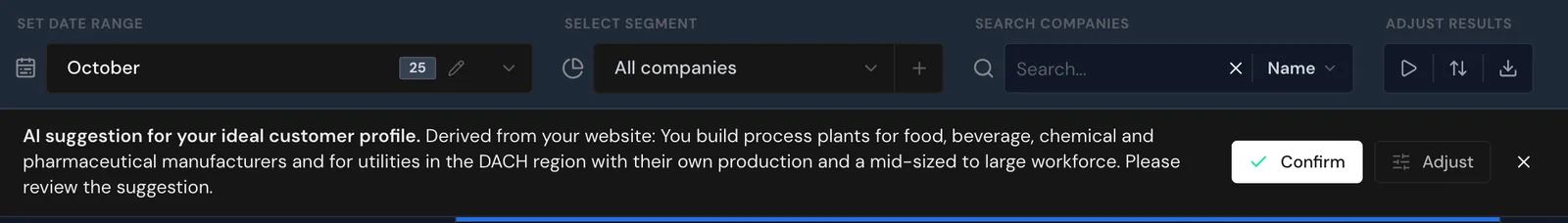 The banner about the AI suggestion above the list with the Confirm and Adjust buttons