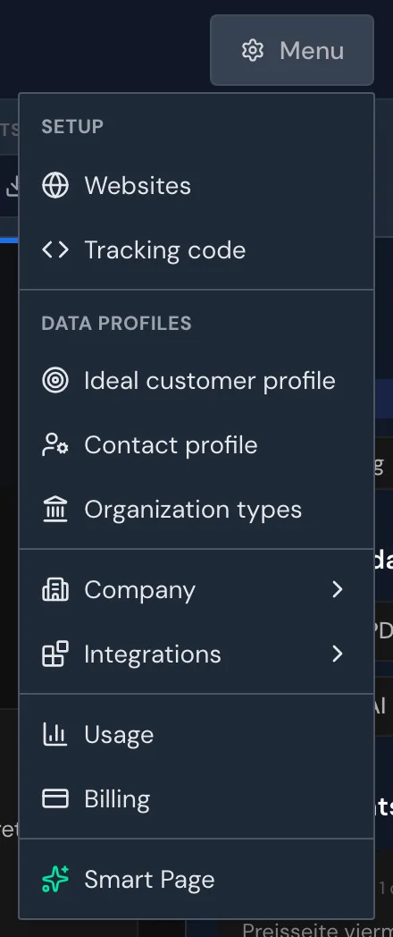 The open menu with the Data profiles section and the Ideal customer profile item