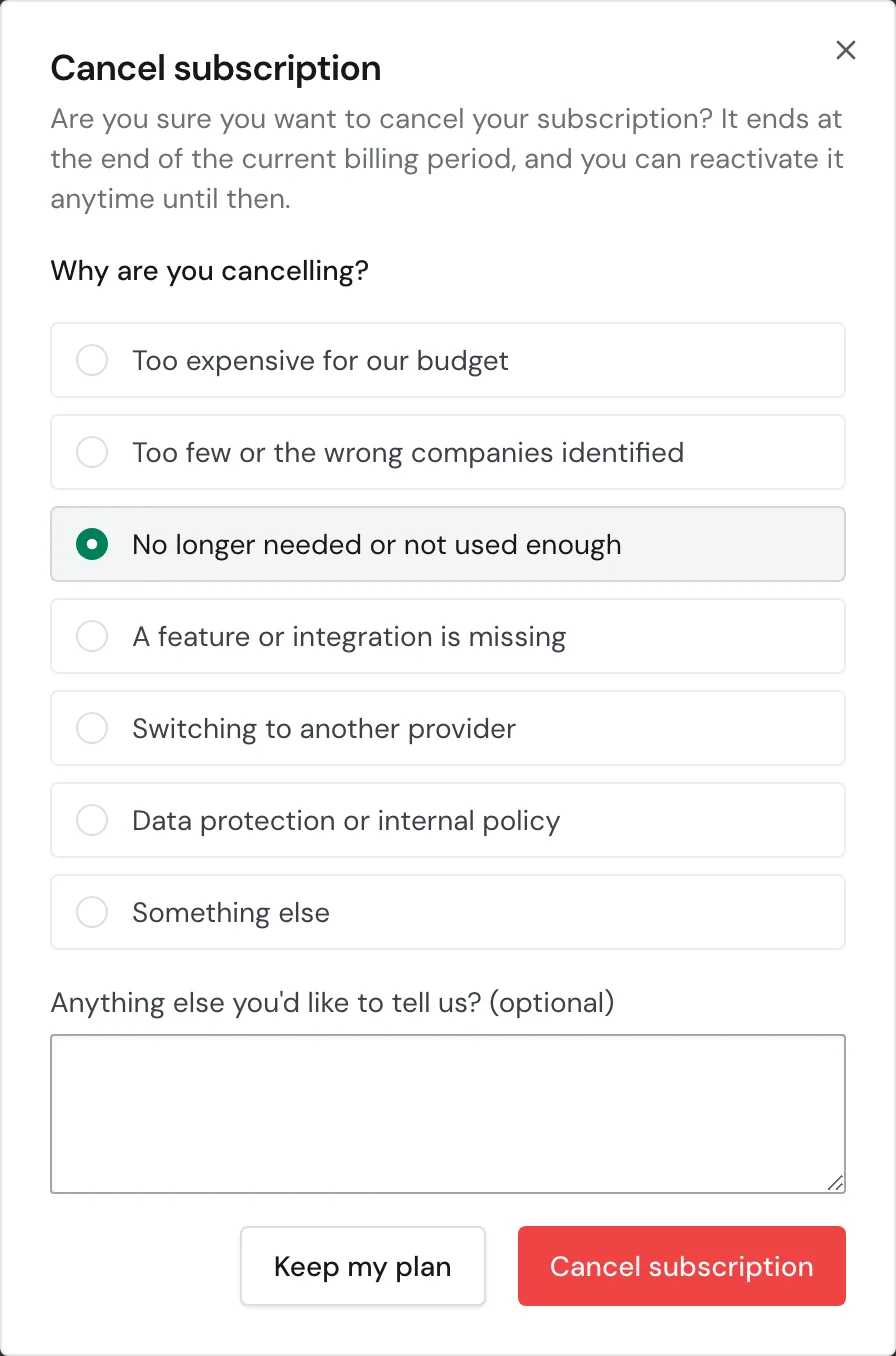 The Cancel subscription window with a reason selected