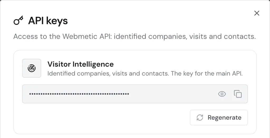 The API keys window with the Visitor Intelligence card and a masked key