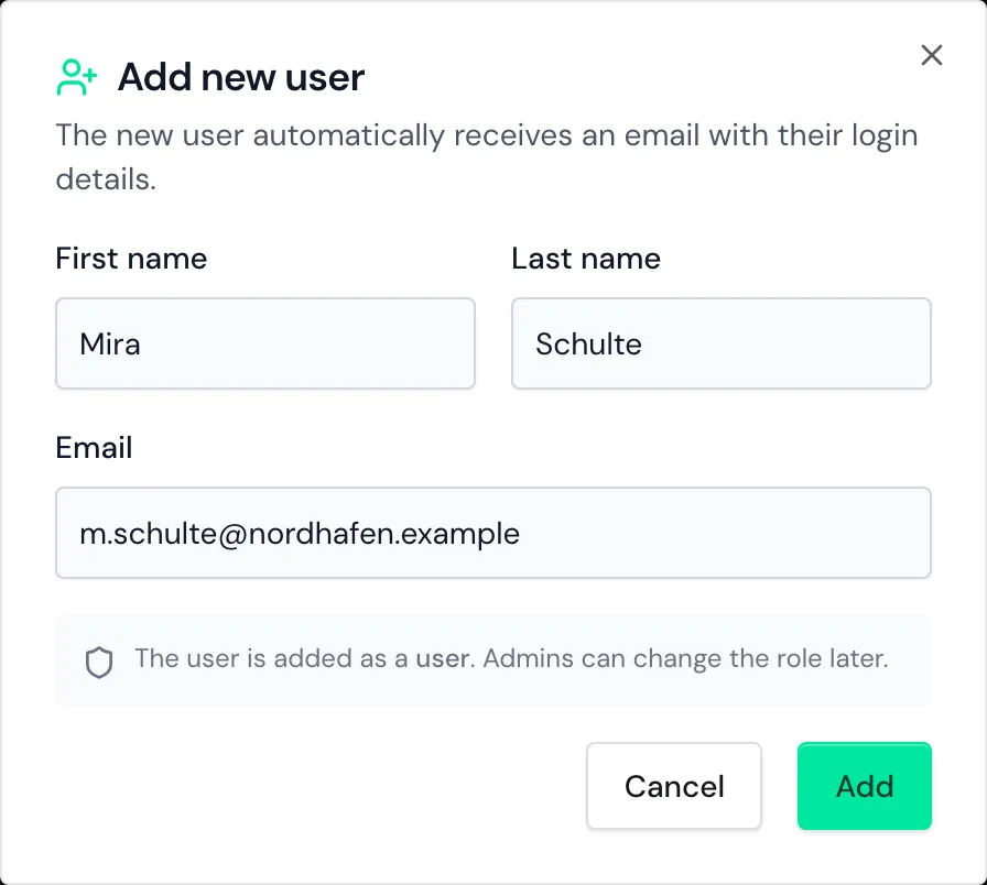 The Add new user window with first name, last name, and email