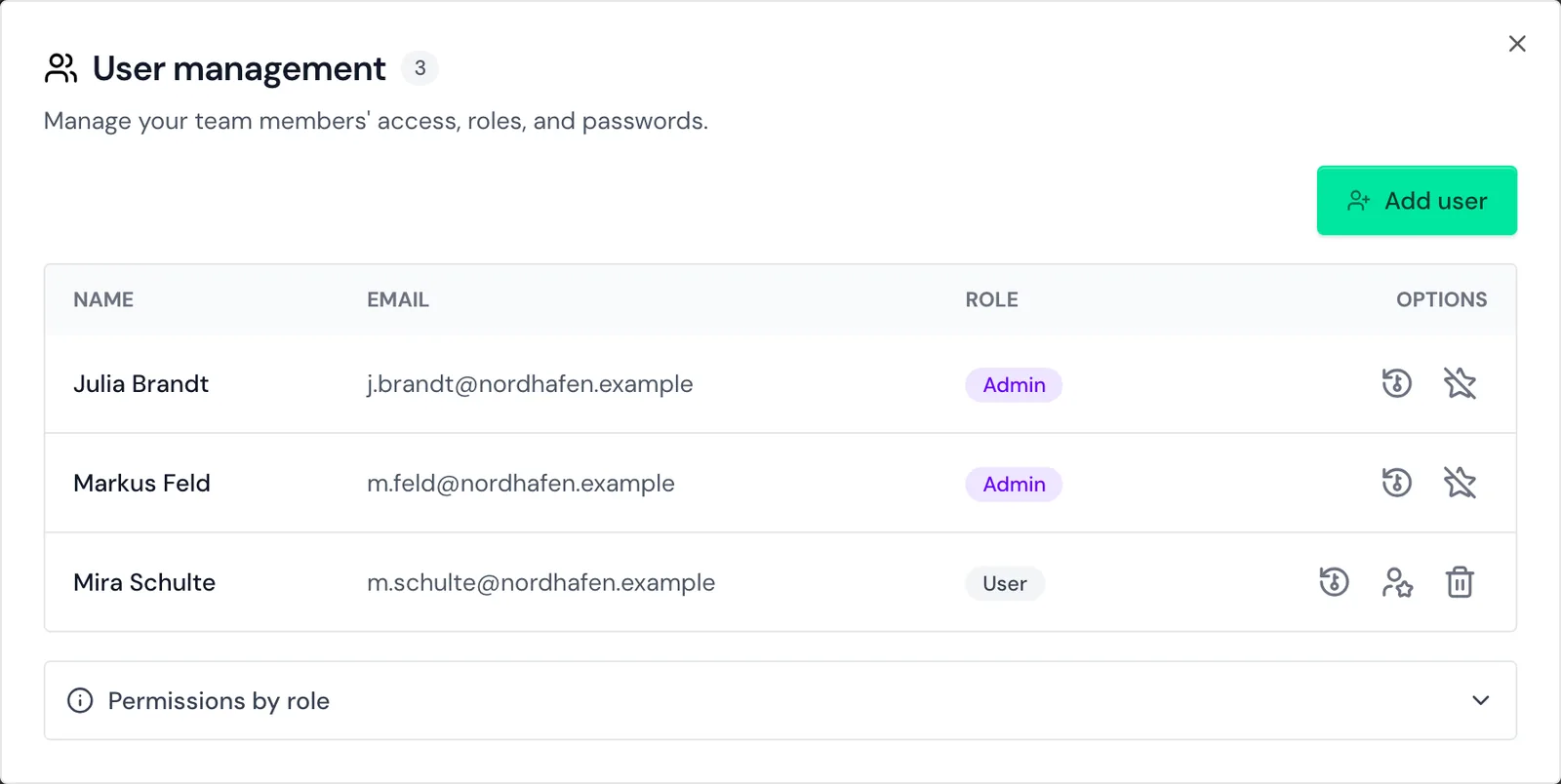 The User management window with two admins and one person with the User role