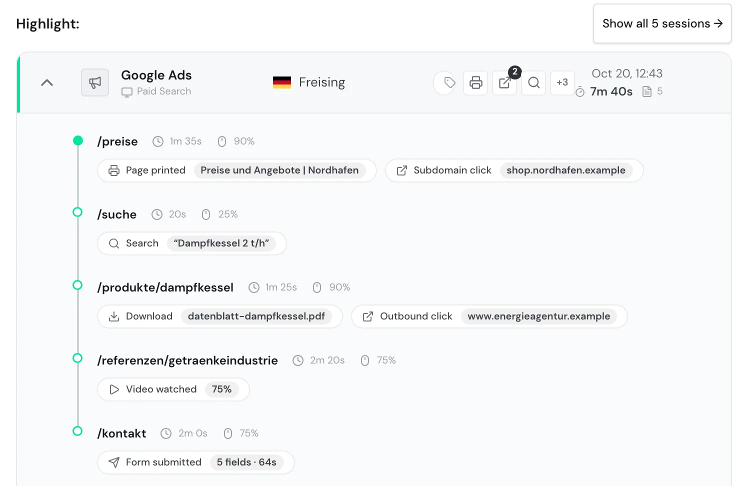The Bergquell Mineralbrunnen profile with the highlight and the Show all 5 sessions button