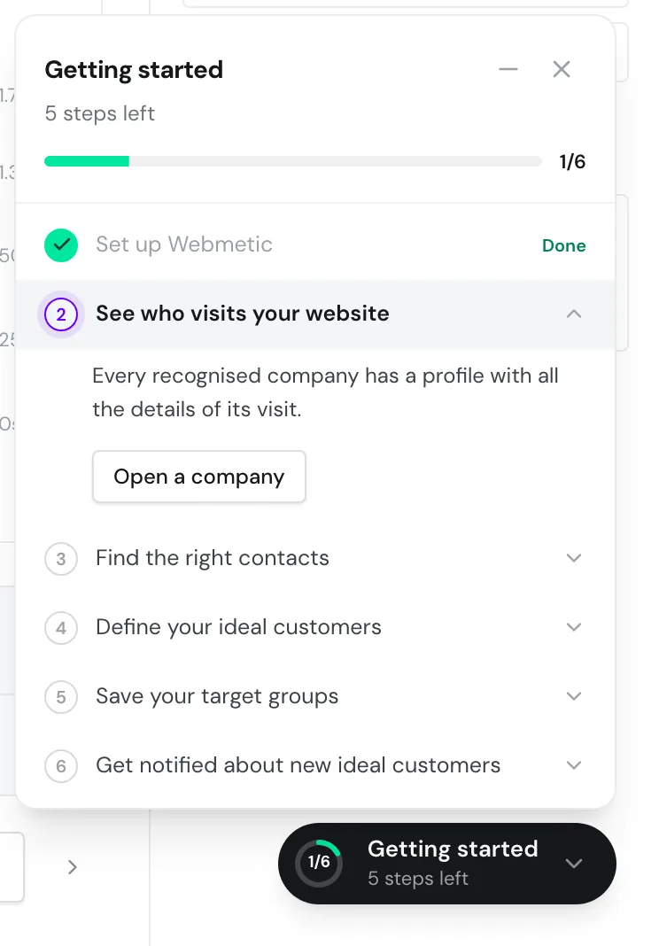 The Getting started checklist with six steps, one of them done