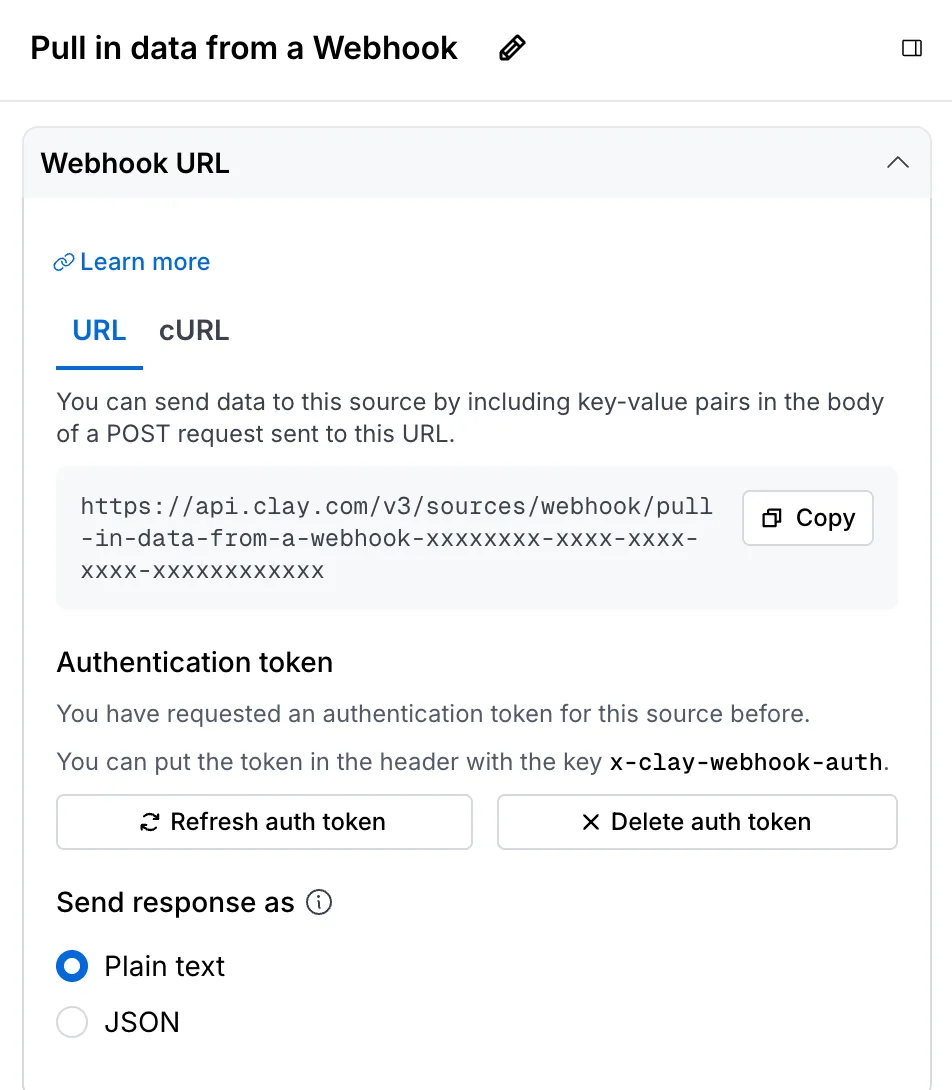 The Pull in data from a Webhook panel with the webhook URL, the header name for the token, and Send response as