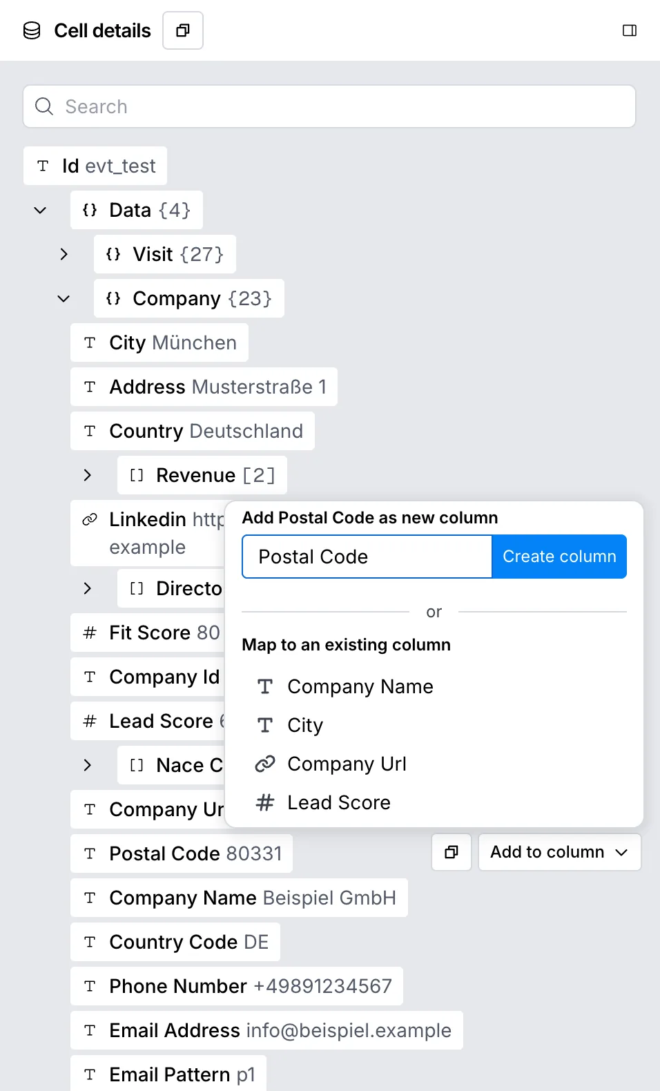 Cell details of the test row with Add to column for the Postal Code field