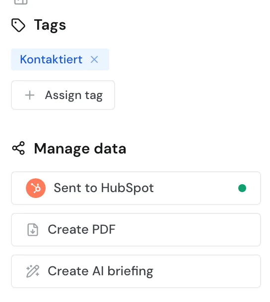 The Sent to HubSpot button with a green dot