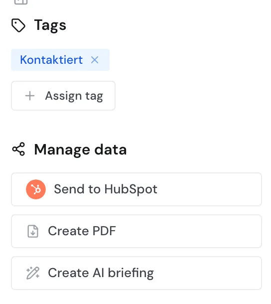 The sidebar with the Tags and Manage data sections and the buttons Send to HubSpot, Create PDF, and Create AI briefing
