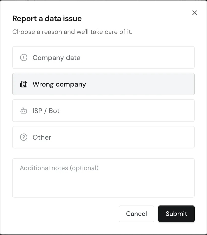 The Report a data issue window with the four reasons