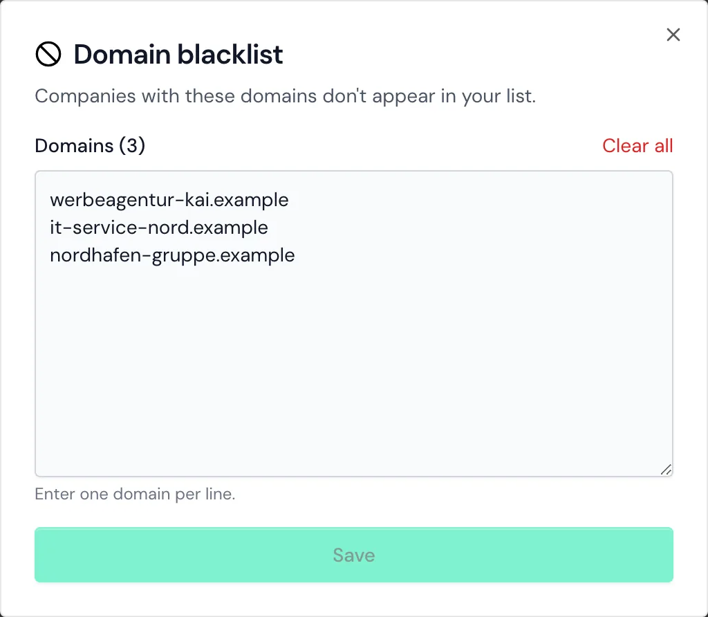 The Domain blacklist window with three saved domains