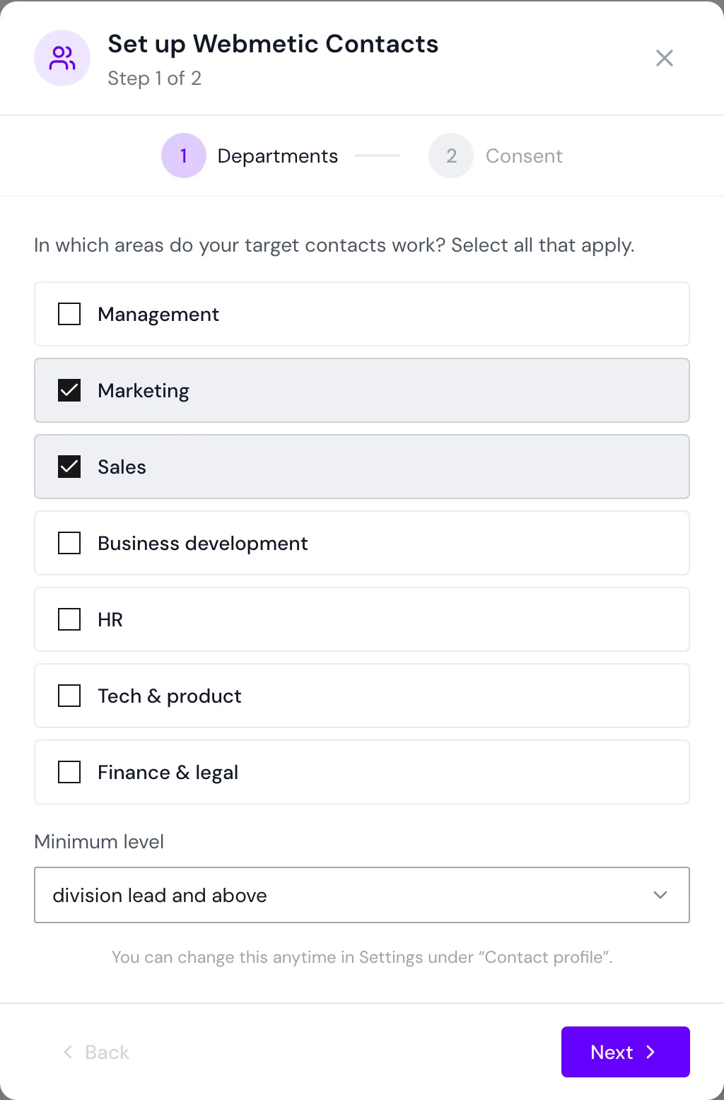 The Departments step with Marketing, Sales, and the minimum level division lead and above