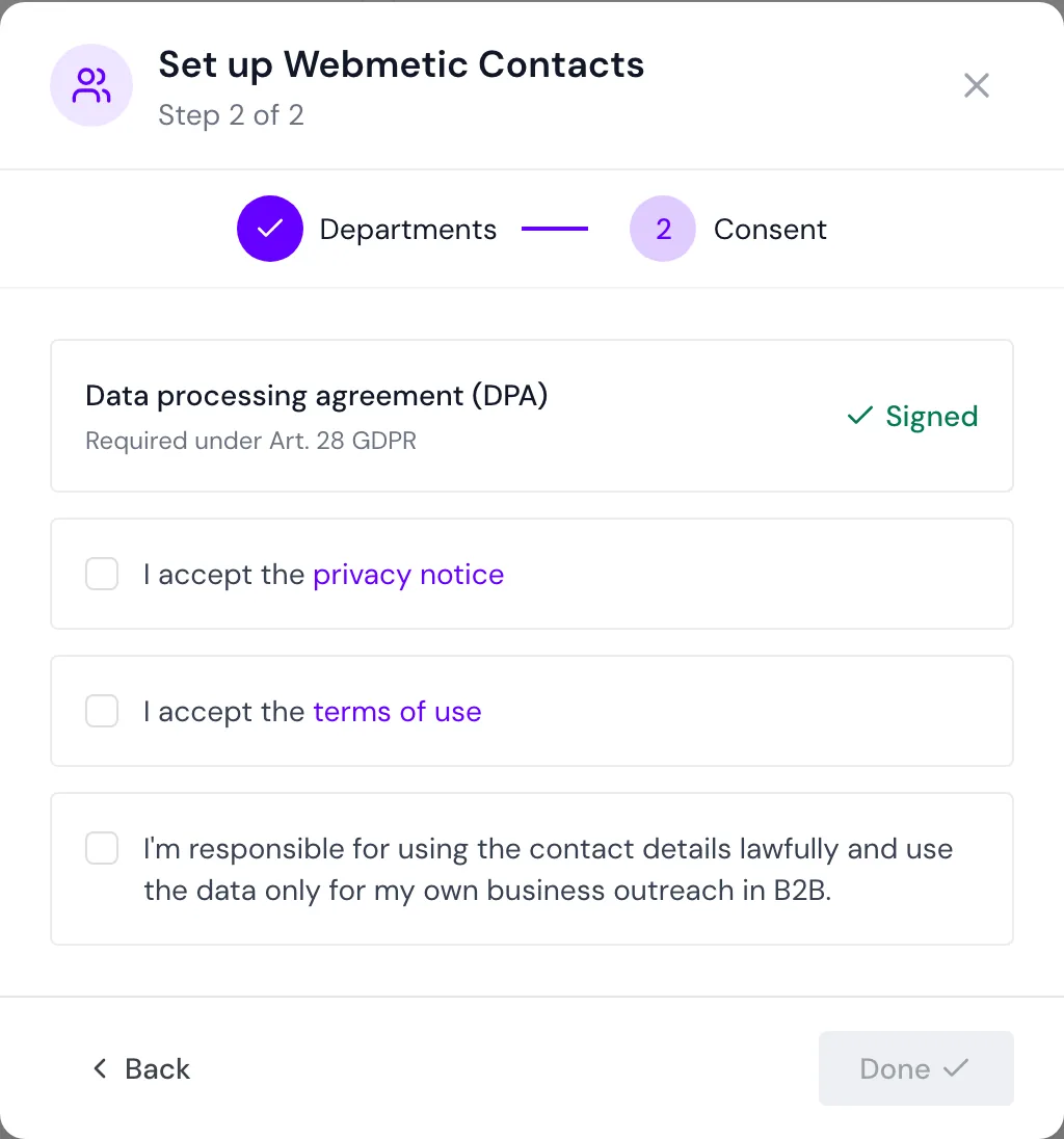 The Consent step with the DPA and the three checkboxes
