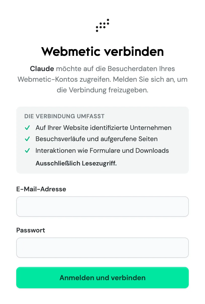 The Webmetic verbinden sign-in page with the Anmelden und verbinden button